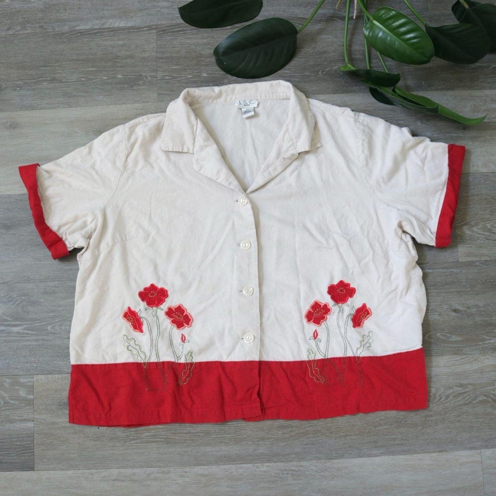 Red poppy applique linen blend button down shirt